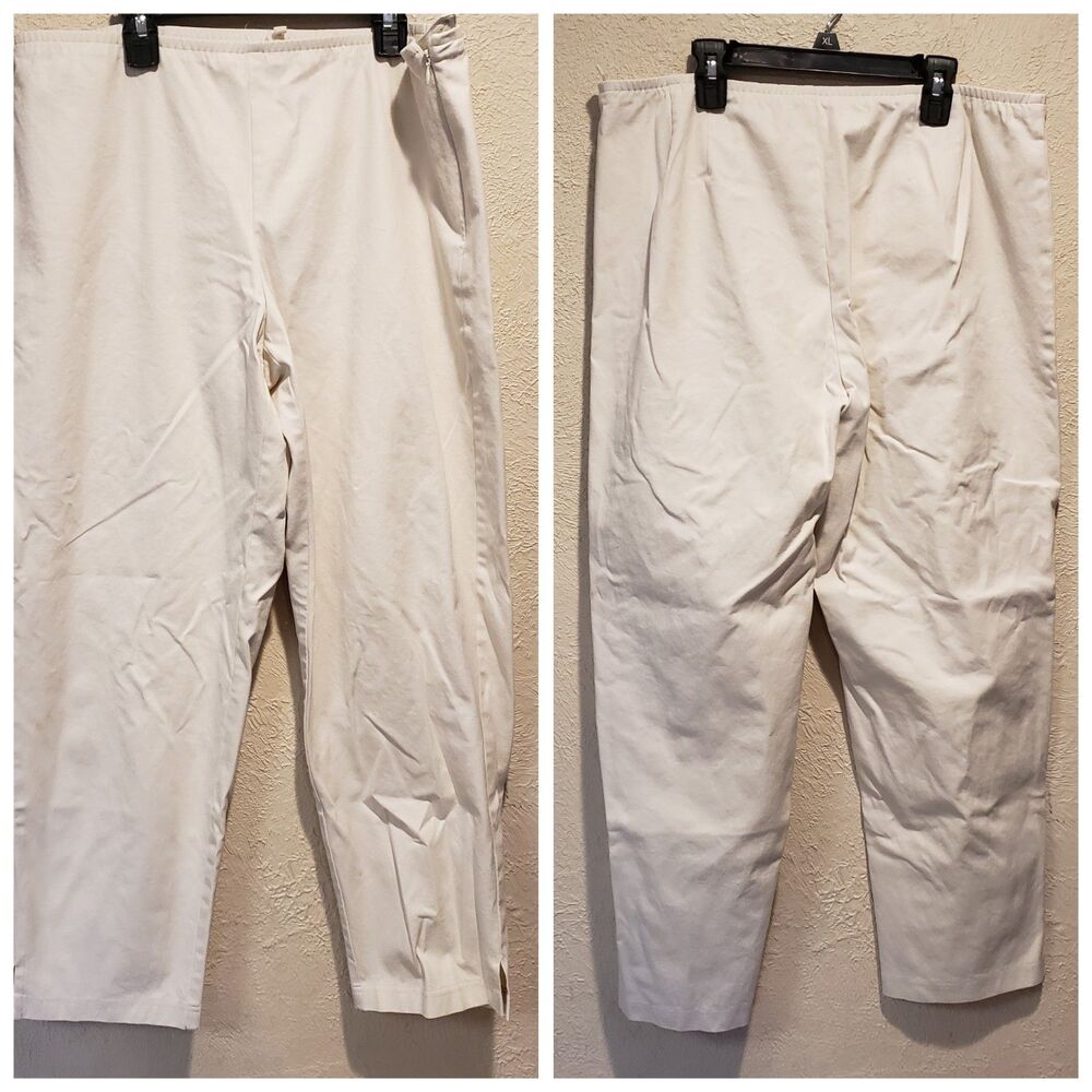 Eileen Fisher Cotton Pull On Elastic Waist Pant Size L White Relaxed Casual